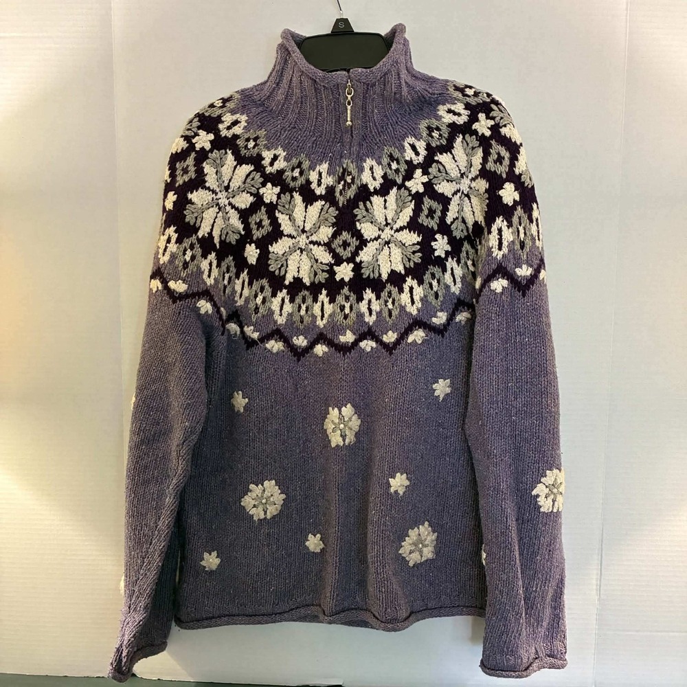 Coldwater Creek Sweater Womens M Purple Fair Isle Snowflake Zip Knit Winter